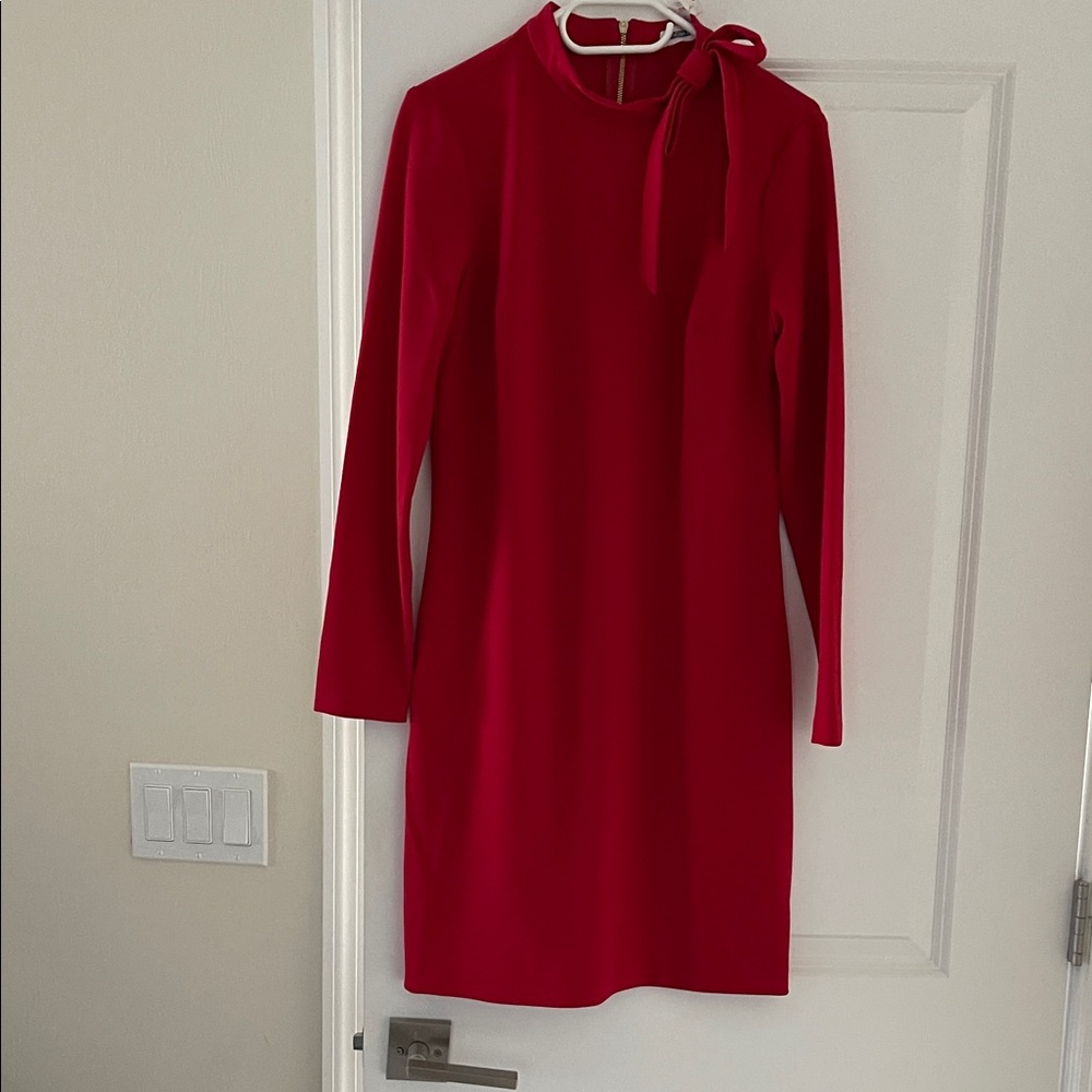 NEW Calvin Klein Red Long-Sleeve Tie-Neck Dress